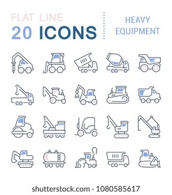 Set of vector line icons, sign and symbols with flat elements of heavy equipment for modern concepts, web and apps. Collection of infographics logos and pictograms.
