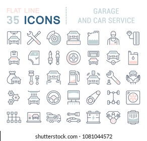 Set of vector line icons, sign and symbols with flat elements of garage and car service for modern concepts, web and apps. Collection of infographics logos and pictograms.