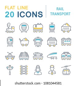 Set of vector line icons, sign and symbols with flat elements of rail transport for modern concepts, web and apps. Collection of infographics logos and pictograms.