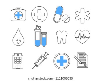 Set vector line icons, sign in flat design medicine, pharmacology, oncology, blood count, medical ethics with elements for mobile concepts and web app. Collection modern infographic logo or pictogram.