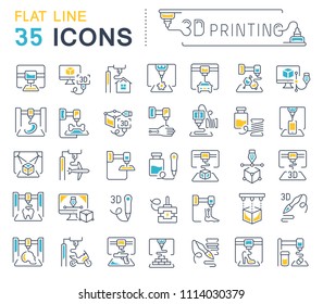 Set of vector line icons, sign and symbols with flat elements of 3d printing for modern concepts, web and apps. Collection of infographics logos and pictograms.