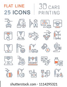 Set of vector line icons, sign and symbols with flat elements of 3d cars printing for modern concepts, web and apps. Collection of infographics logos and pictograms.