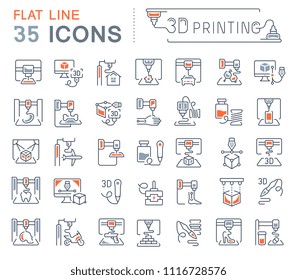 Set of vector line icons, sign and symbols with flat elements of 3d printing for modern concepts, web and apps. Collection of infographics logos and pictograms.