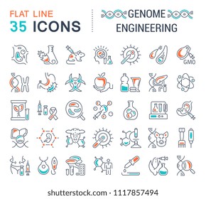 Set of vector line icons, sign and symbols with flat elements of genome engineering for modern concepts, web and apps. Collection of infographics logos and pictograms.