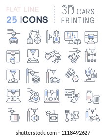 Set of vector line icons, sign and symbols with flat elements of 3d cars printing for modern concepts, web and apps. Collection of infographics logos and pictograms.