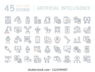 Set of vector line icons, sign and symbols with flat elements of artificial intelligence for modern concepts, web and apps. Collection of infographics logos and pictograms.