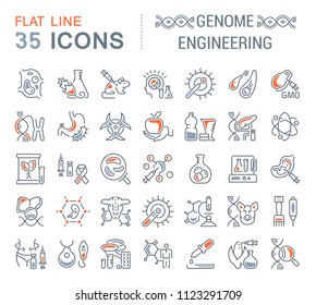 Set of vector line icons, sign and symbols with flat elements of genome engineering for modern concepts, web and apps. Collection of infographics logos and pictograms.