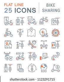 Set of vector line icons, sign and symbols with flat elements of bike sharing for modern concepts, web and apps. Collection of infographics logos and pictograms.
