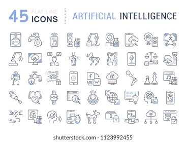 Set of vector line icons, sign and symbols with flat elements of artificial intelligence for modern concepts, web and apps. Collection of infographics logos and pictograms.
