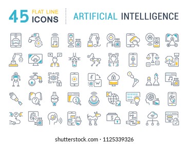 Set of vector line icons, sign and symbols with flat elements of artificial intelligence for modern concepts, web and apps. Collection of infographics logos and pictograms.