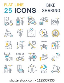 Set of vector line icons, sign and symbols with flat elements of bike sharing for modern concepts, web and apps. Collection of infographics logos and pictograms.