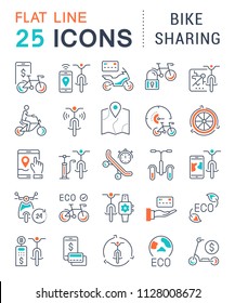 Set of vector line icons, sign and symbols with flat elements of bike sharing for modern concepts, web and apps. Collection of infographics logos and pictograms.