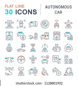 Set of vector line icons, sign and symbols with flat elements of autonomous car for modern concepts, web and apps. Collection of infographics logos and pictograms.