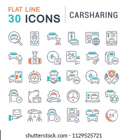 Set of vector line icons, sign and symbols with flat elements of carsharing for modern concepts, web and apps. Collection of infographics logos and pictograms.