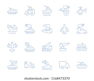 Set of vector line icons, sign and symbols of military transport for modern concepts, web and apps. Collection of infographics elements, logos and pictograms.