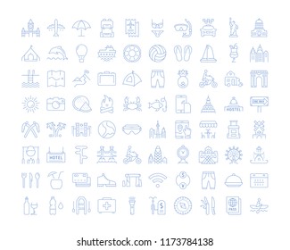 Set vector line icons, sign and symbols in flat design travel and adventure with elements for mobile concepts and web apps. Collection modern infographic logo and pictogram.