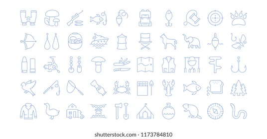 Set vector line icons, sign and symbols in flat design mushrooming, fishing and hunting with elements for mobile concepts and web apps. Collection modern infographic logo and pictogram.