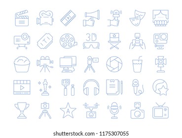 Set vector line icons, sign and symbols in flat design cinema and movies with elements for mobile concepts and web apps. Collection modern infographic logo and pictogram.