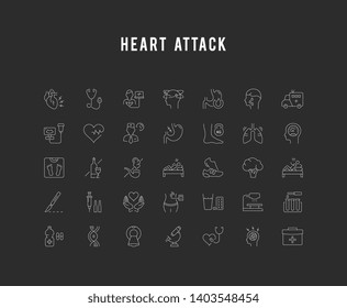 Set vector line icons, sign and symbols in flat design of heart attack with elements for mobile concepts and web apps. Collection modern infographic logo and pictogram.