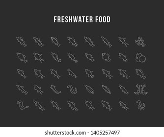 Set of vector line icons, sign and symbols of freshwater fish for modern concepts, web and apps. Collection of infographics elements, logos and pictograms.