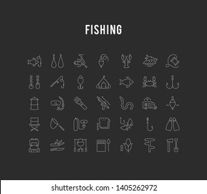 Set vector line icons, sign and symbols in flat design fishing with elements for mobile concepts and web apps. Collection modern infographic logo and pictogram.
