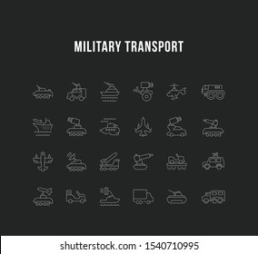 Set of vector line icons, sign and symbols of military transport for modern concepts, web and apps. Collection of infographics elements, logos and pictograms.