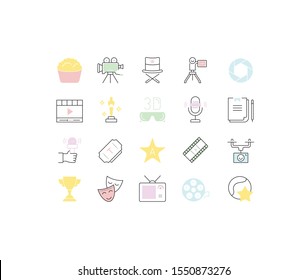 Set vector line icons, sign and symbols in flat design cinema and movies with elements for mobile concepts and web apps. Collection modern infographic logo and pictogram.