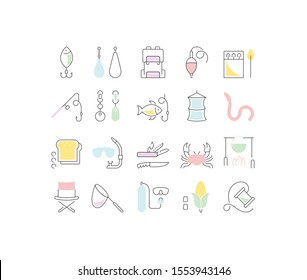 Set vector line icons, sign and symbols in flat design fishing with elements for mobile concepts and web apps. Collection modern infographic logo and pictogram.