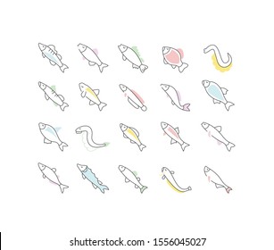 Set of vector line icons, sign and symbols of freshwater fish for modern concepts, web and apps. Collection of infographics elements, logos and pictograms.