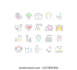 Set vector line icons, sign and symbols in flat design of heart attack with elements for mobile concepts and web apps. Collection modern infographic logo and pictogram.