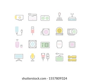 Set of vector line icons, sign and symbols with flat elements of hardware for modern concepts, web and apps. 