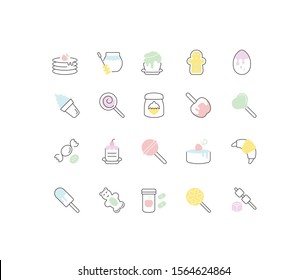 Set of vector line icons, sign and symbols with flat elements of sweets for modern concepts, web and apps. Collection of infographics logos and pictograms.