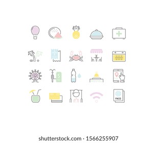 Set vector line icons, sign and symbols in flat design travel and adventure with elements for mobile concepts and web apps. Collection modern infographic logo and pictogram.