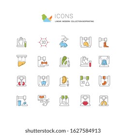 Set of vector line icons, sign and symbols of 3d bioprinting for modern concepts, web and apps. Collection of infographics elements, logos and pictograms.