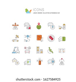 Set of vector line icons, sign and symbols of autonomous car for modern concepts, web and apps. Collection of infographics elements, logos and pictograms.