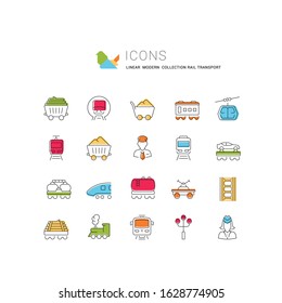 Set of vector line icons, sign and symbols of rail transport for modern concepts, web and apps. Collection of infographics elements, logos and pictograms.