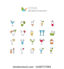 Conjunto de iconos vectoriales, signos y símbolos de cócteles para conceptos modernos, web y aplicaciones. Colección de elementos de infografía, logos y pictogramas.