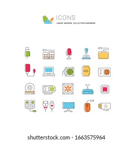 Set of vector line icons, sign and symbols with flat elements of hardware for modern concepts, web and apps. 