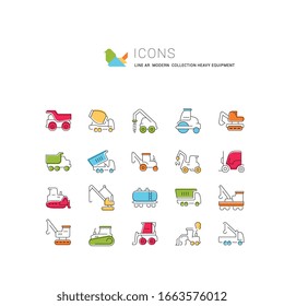 Conjunto de iconos vectoriales, signos y símbolos de equipo pesado para conceptos modernos, web y aplicaciones. Colección de elementos de infografía, logos y pictogramas.