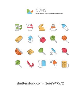 Set of vector line icons, sign and symbols with flat elements of sweets for modern concepts, web and apps. Collection of infographics logos and pictograms.