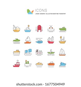 Conjunto de iconos vectoriales, signos y símbolos del transporte marítimo para conceptos modernos, web y aplicaciones. Colección de elementos de infografía, logos y pictogramas.