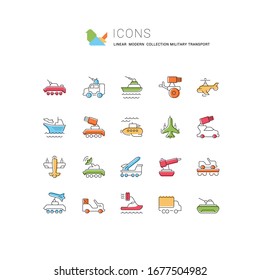 Set of vector line icons, sign and symbols of military transport for modern concepts, web and apps. Collection of infographics elements, logos and pictograms.