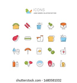 Set of vector line icons, sign and symbols of fast food for modern concepts, web and apps. Collection of infographics elements, logos and pictograms.