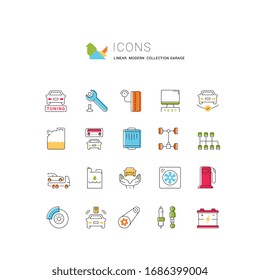 Conjunto de iconos vectoriales, signos y símbolos de garaje y servicio de camión para conceptos modernos, web y aplicaciones. Colección de elementos de infografía, logos y pictogramas.