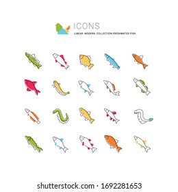 Set of vector line icons, sign and symbols of freshwater fish for modern concepts, web and apps. Collection of infographics elements, logos and pictograms.