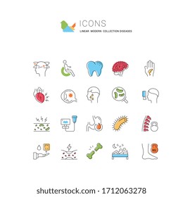 Set vector line icons, sign and symbols in flat design of diseases and ill with elements for mobile concepts and web apps. Collection modern infographic logo and pictogram.