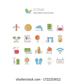 Set vector line icons, sign and symbols in flat design travel and adventure with elements for mobile concepts and web apps. Collection modern infographic logo and pictogram.