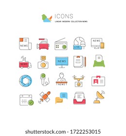 Establecer iconos, símbolos y símbolos de línea vectorial en noticias de diseño plano con elementos para conceptos móviles y aplicaciones web. Colección moderna de logotipo y pictograma infográfico.