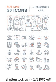 Set of vector line icons, sign and symbols with flat elements of autonomous car for modern concepts, web and apps. Collection of infographics logos and pictograms.