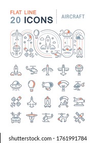 Set of vector line icons, sign and symbols with flat elements of aircraft for modern concepts, web and apps. Collection of infographics logos and pictograms.